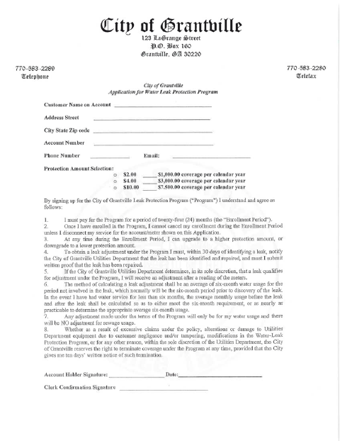 First page of the Water Leak Protection Program Application