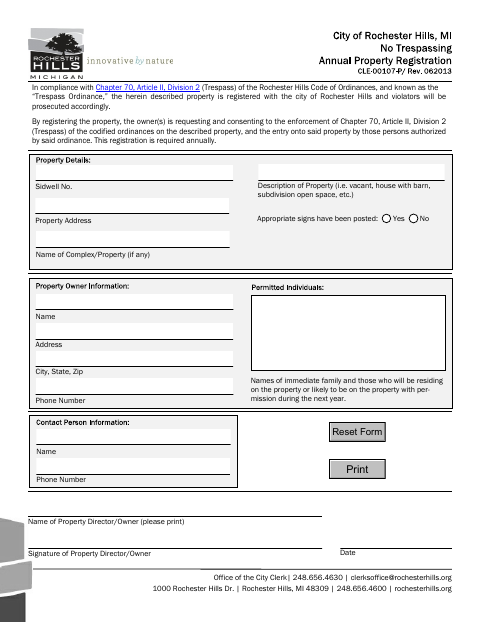 First page of the No Trespassing Registration