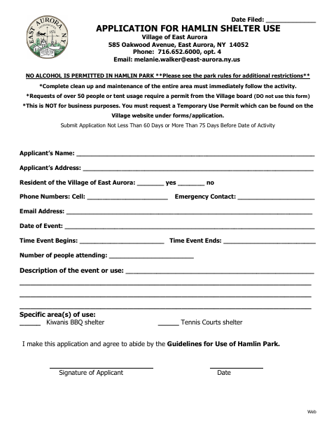 First page of the Hamlin Park Shelter Reservation Application