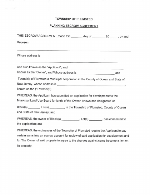 First page of the Planning Escrow Agreement