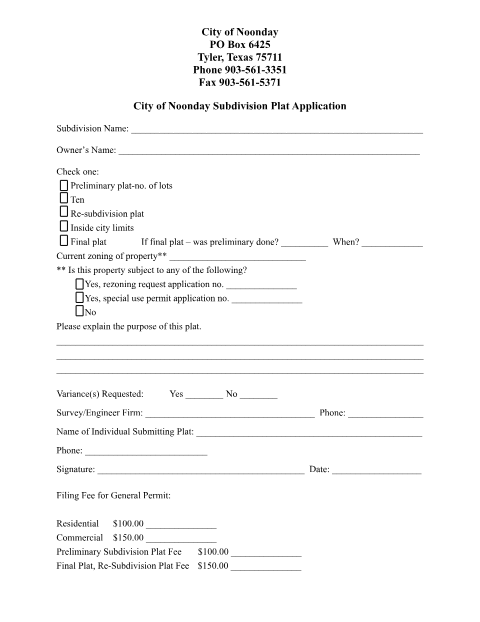 First page of the Subdivision Plat Application