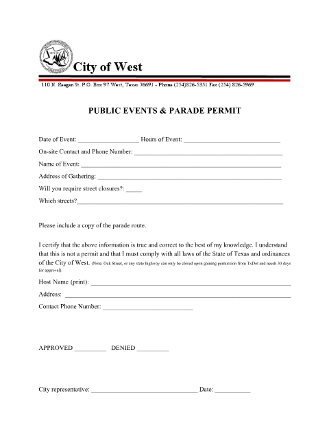 First page of the Public Events & Parade Permit Application