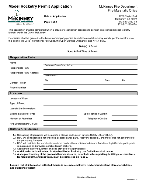First page of the Model Rocketry Permit Application