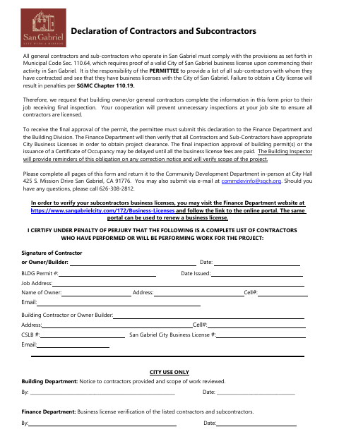 First page of the Declaration of Contractors and Subcontractors