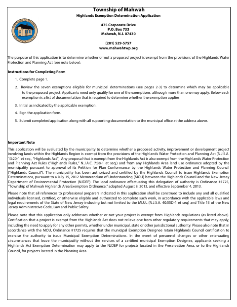 First page of the Highlands Exemption Determination Application