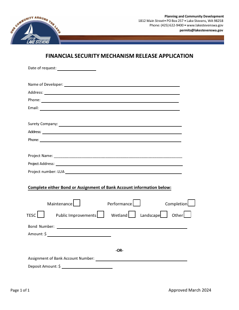 First page of the Financial Security Mechanism Release Application