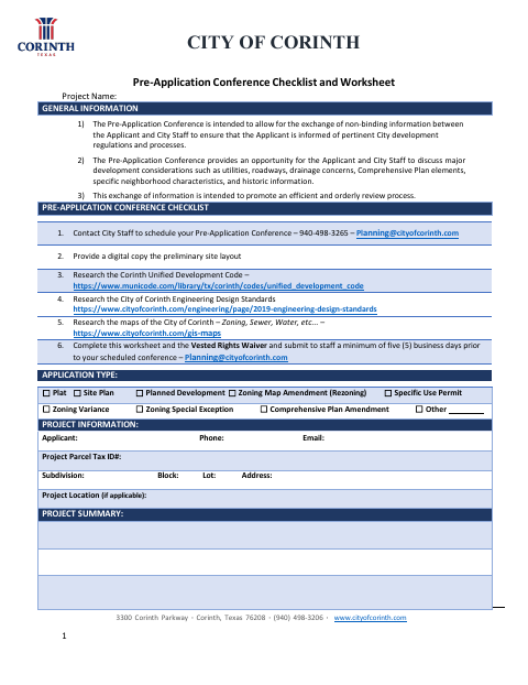 First page of the Pre-Application Conference Checklist and Vested Rights Waiver