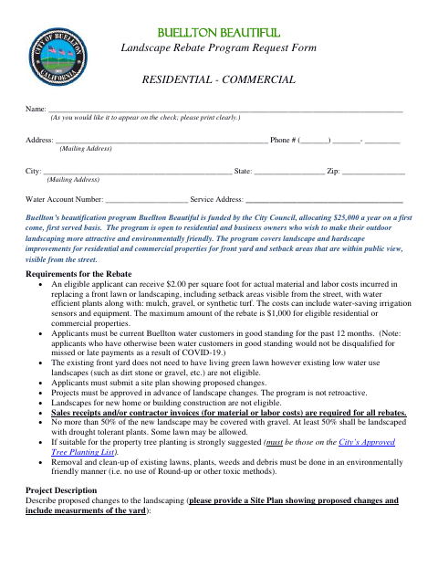 First page of the Landscape Rebate Program Request Form