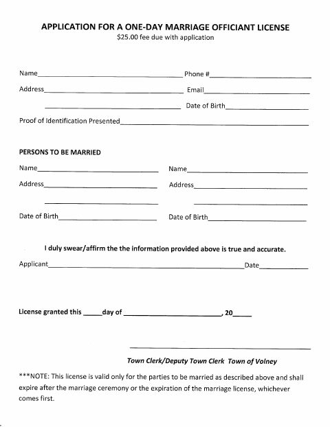 First page of the One-Day Marriage Officiant License Application