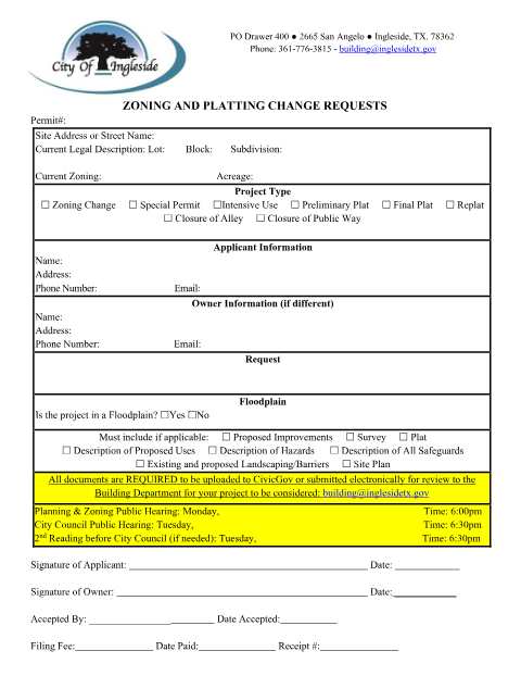 First page of the Zoning and Platting Change Request