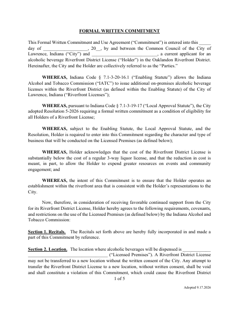 First page of the Oaklandon Riverfront Formal Written Commitment