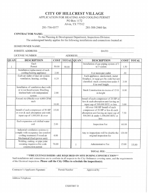 First page of the Heating and Cooling Permit Application