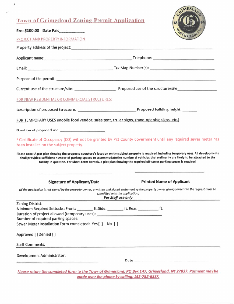 First page of the Zoning Permit Application