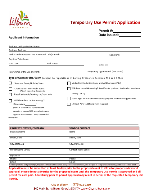First page of the Temporary Use Permit