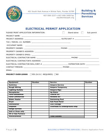 First page of the Electrical Permit Application
