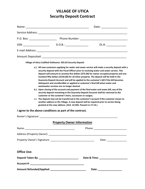 First page of the Security Deposit Contract
