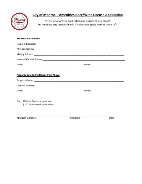 First page of the Amenities Beer/Wine License Application