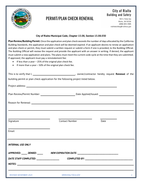 First page of the Permit/Plan Check Renewal