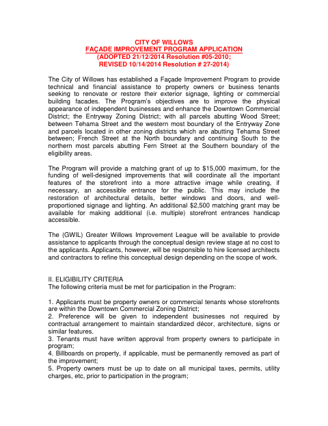 First page of the Façade Improvement Program Application