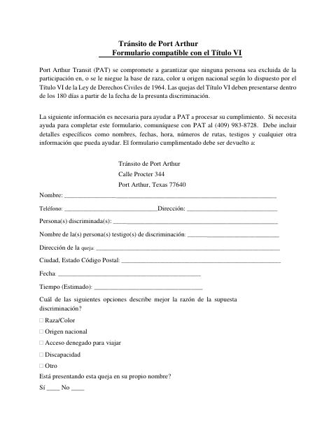 First page of the Title VI Transit Complaint Form (Spanish)