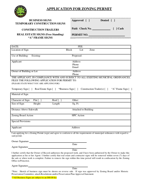 First page of the Application for Zoning Permit (Sign)