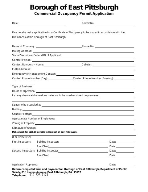 First page of the Commercial Occupancy Permit Application