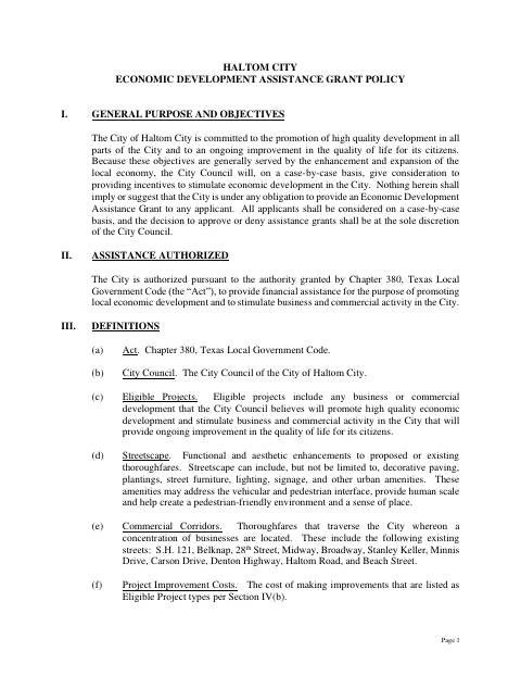 First page of the Economic Development Assistance Grant Application