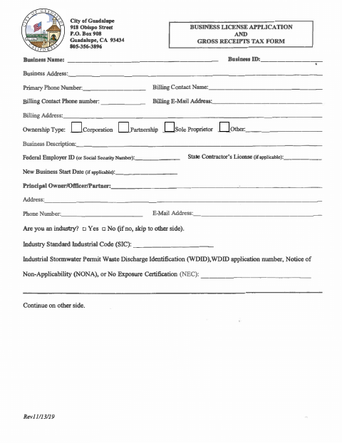 First page of the Business License Application And Gross Receipts Tax Form