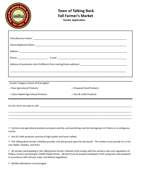 First page of the Farmer’s Market Vendor Application