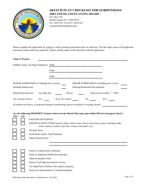 First page of the Subdivision Sketch Plan Application