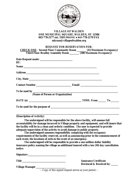 First page of the Request for Reservation Form