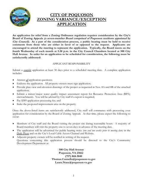 First page of the Board of Zoning Appeals Application