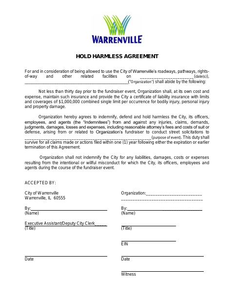 First page of the Hold Harmless Agreement (Solicitor/Street Fundraiser)