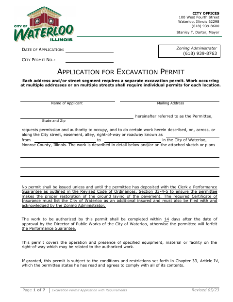 First page of the Excavation Permit Application With Requirements