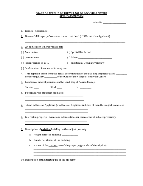 First page of the Board of Appeals Application