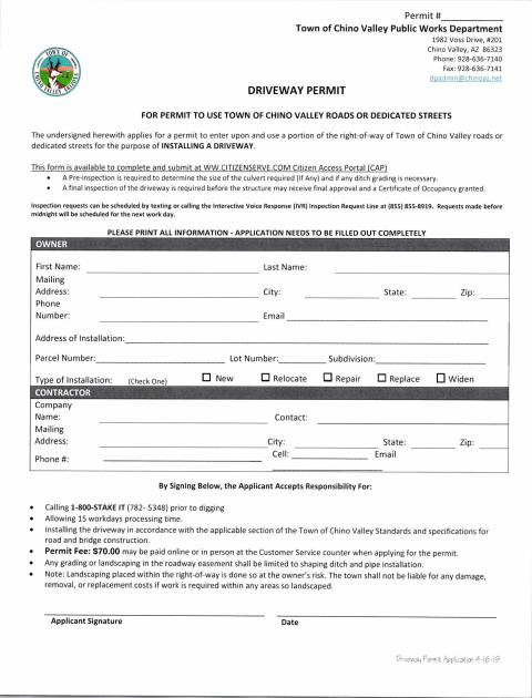 First page of the Driveway Permit Application