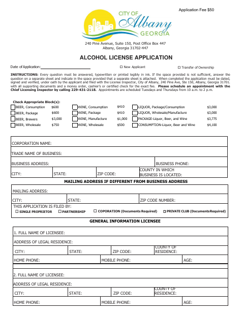 First page of the Alcohol License Application