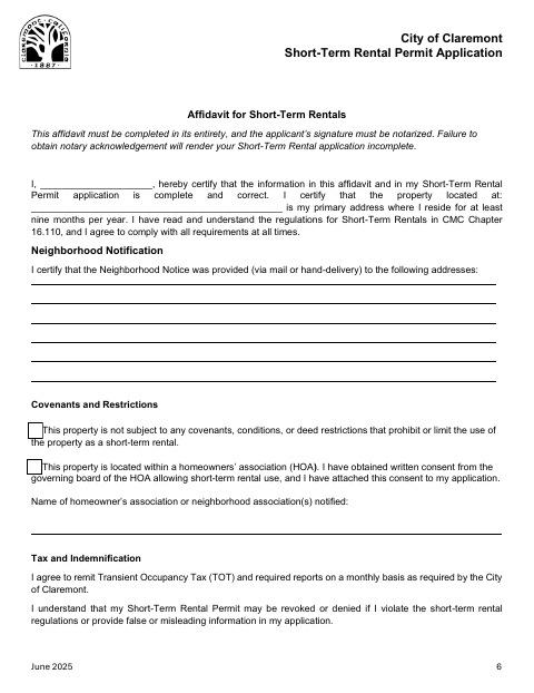 First page of the Short-Term Rental Permit Affidavit