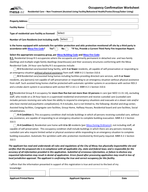 First page of the Occupancy Confirmation Worksheet