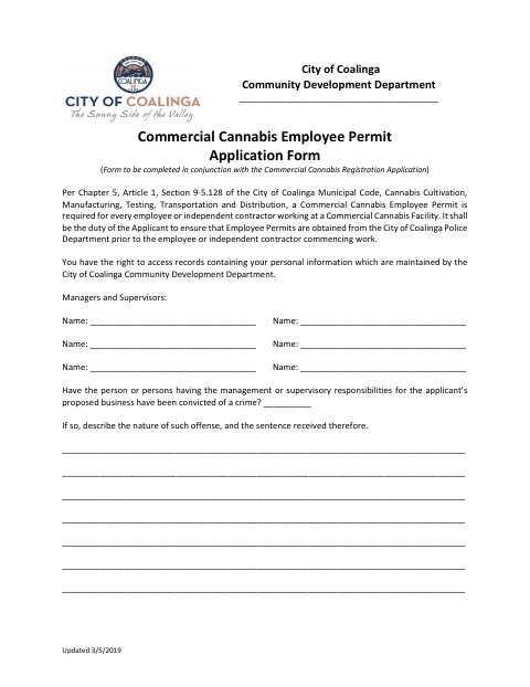 First page of the Commercial Cannabis Employee Permit Application Form