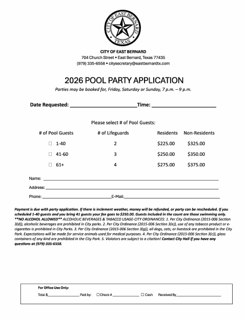 First page of the Pool Party Rental Application