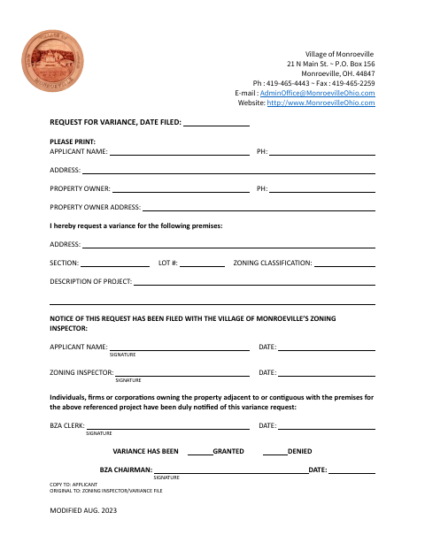 First page of the Request for Variance