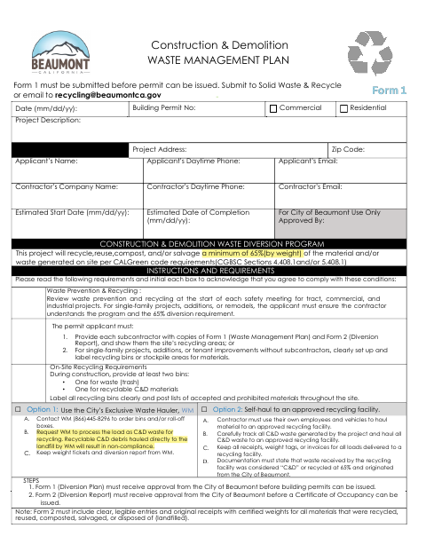 First page of the Construction & Demolition Waste Management Plan