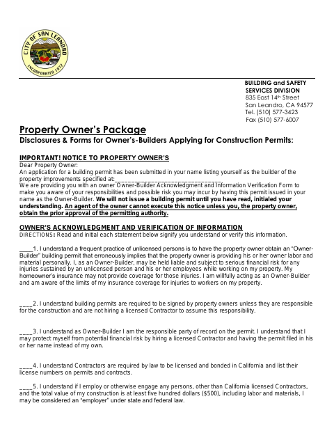 First page of the Owner-Builder Acknowledgement and Application