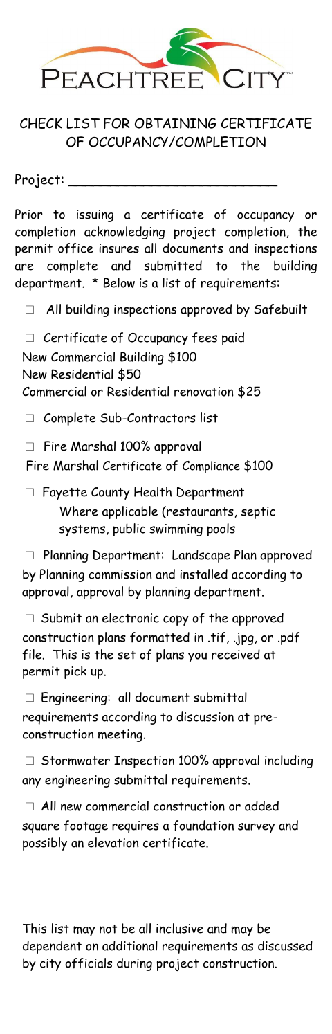 First page of the Certificate of Occupancy Checklist
