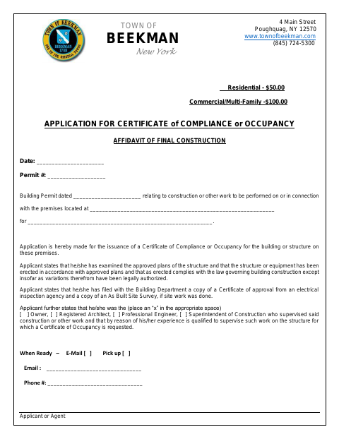First page of the Affidavit of Final Construction for Certificate of Compliance or Occupancy