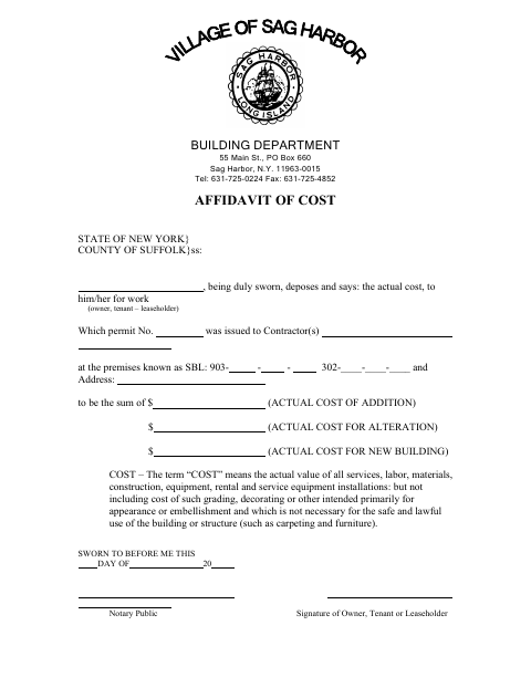 First page of the Building Department Affidavit of Cost
