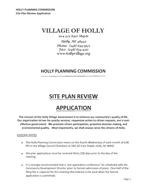 First page of the Site Plan Review Application