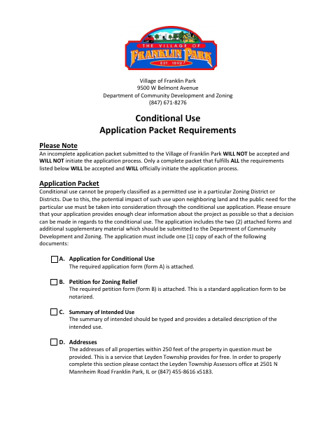 First page of the Conditional Use Application Packet