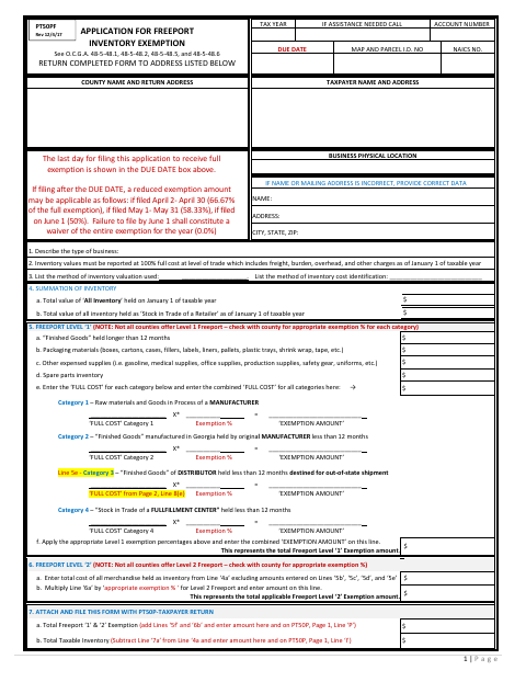 First page of the Application for Freeport Inventory Exemption